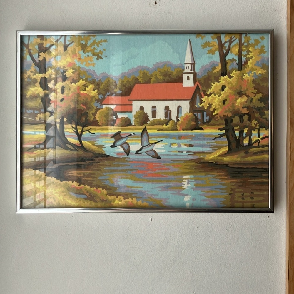 Framed vintage 70s Paint by Numbers Autumn Landscape Painting - Picture 10 of 12